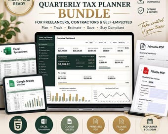 1099 Quarterly Tax Planner Bundle, Self Employed Tax Tracker, Estimated Tax Spreadsheet, HTML App, Excel, Google Sheets, Fillable PDFs