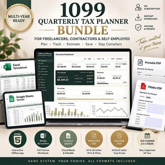 1099 Quarterly Tax Planner Bundle, Self Employed Tax Tracker, Estimated Tax Spreadsheet, HTML App, Excel, Google Sheets, Fillable PDFs