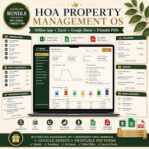 May include: A digital HOA Property Management OS dashboard displayed on a laptop screen, featuring sections for owners, units, dues, maintenance, violations, vendors, and meetings. The interface includes charts, data tables, and summary metrics.