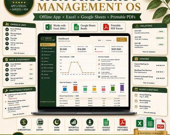 HOA Property Management OS Bundle | HTML App &  Excel Template | Dues, Maintenance, Violations, Board Minutes, Budget, Printable Forms