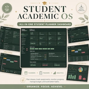 May include: A digital student academic OS planner dashboard featuring a dark interface with green accents. It includes sections for academic overview, monthly and weekly planners, class schedules, and study analytics to track assignments and finances.