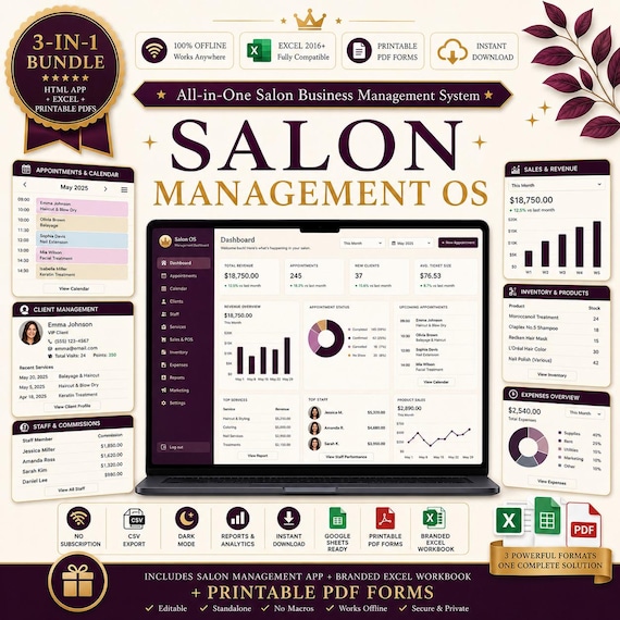 Salon Management Bundle | HTML App, Booking System, Excel Workbook, Printable PDF Forms | Hair Salon Business Template & Planner