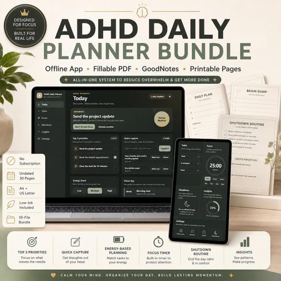 ADHD Daily Planner Bundle, Offline HTML App, Fillable PDF, GoodNotes Digital Planner, Printable Adult Focus Task Productivity Planner