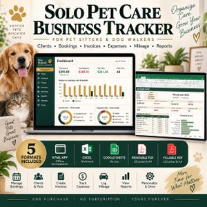 May include: A digital Solo Pet Care Business Tracker for pet sitters and dog walkers, displayed on two screens showing dashboards with income, expenses, and reports. Includes five formats: HTML app, Excel, Google Sheets, and printable or fillable PDFs.