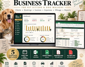 Solo Pet Sitting & Dog Walking Business Tracker | HTML App, Excel, GS Sheets, Printable PDFs | Clients, Bookings, Invoices, Expenses