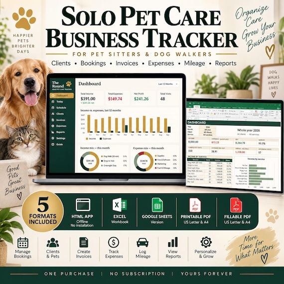 Solo Pet Sitting & Dog Walking Business Tracker | HTML App, Excel, GS Sheets, Printable PDFs | Clients, Bookings, Invoices, Expenses