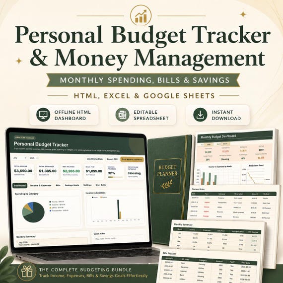 Personal Budget Tracker and Money Management | Monthly Spending, Bills & Savings (HTML,Excel, Google Sheets-Bundle)