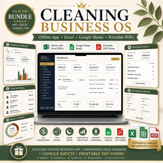 Cleaning Business OS Bundle | HTML App, Excel Export, Printable Forms | Client Tracker, Invoicing, Scheduling, Payroll | Instant Download