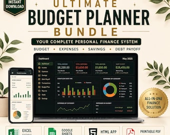 Ultimate Budget Planner Bundle | Personal Finance Dashboard, Expense Tracker, Saving Goal, Debt Payoff | Excel, Google Sheets, HTML App, PDF