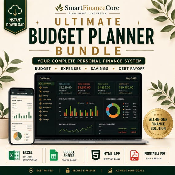 Ultimate Budget Planner Bundle | Personal Finance Dashboard, Expense Tracker, Saving Goal, Debt Payoff | Excel, Google Sheets, HTML App, PDF