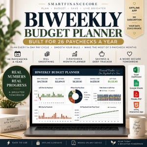 Op de afbeelding: Een digitale tweewekelijkse budgetplanner op een laptopscherm, met financiële dashboards, grafieken en diagrammen. De interface bevat secties voor het bijhouden van inkomsten, rekeningen, spaargeld en schulden voor 26 loonperiodes per jaar.