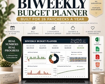 Biweekly Budget Planner | 26 Paycheck Budget Tracker, 3-Paycheck Month Planner & Bill Smoothing | Excel, Google Sheets, PDF, Offline App