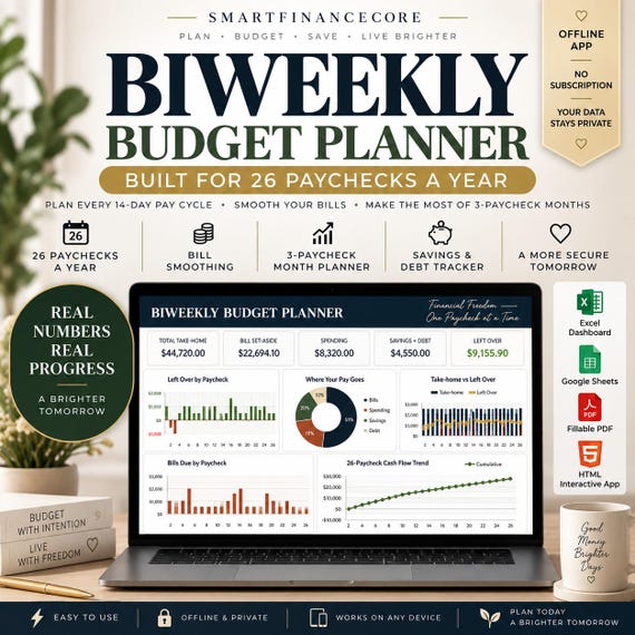 Biweekly Budget Planner | 26 Paycheck Budget Tracker, 3-Paycheck Month Planner & Bill Smoothing | Excel, Google Sheets, PDF, Offline App
