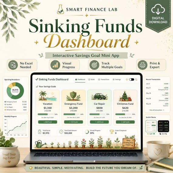 Sinking Funds Dashboard | 5 Color Editions | Savings Goal Tracker Mini App | No Excel | Digital Download