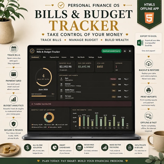 Budget & Bill Tracker Bundle | HTML App, Excel Report, Printable Planners (Instant Download)