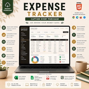 May include: A digital expense tracker displayed on a laptop screen, featuring a dashboard with financial data, charts, and categories. The interface includes text labels like Expense Tracker, Capture Every Purchase, and See Where Your Money Goes.