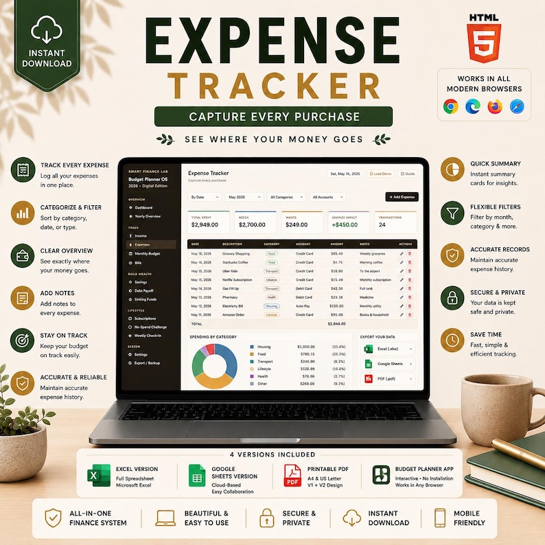 May include: A digital expense tracker displayed on a laptop screen, featuring a dashboard with financial data, charts, and categories. The interface includes text labels like Expense Tracker, Capture Every Purchase, and See Where Your Money Goes.