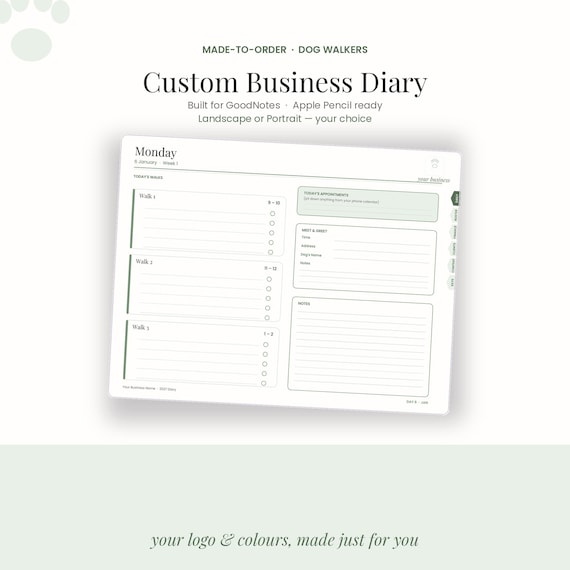 Custom Dog Walker Business Diary | Personalized Digital Planner for GoodNotes | Made-to-Order iPad Planner with Your Logo & Colours