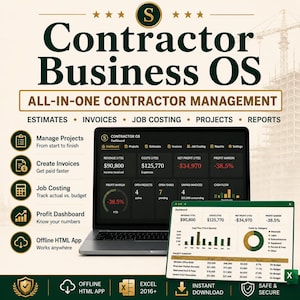 Könnte beinhalten: Ein digitales Contractor Business OS Dashboard auf einem Laptop und einem zweiten Bildschirm, mit Projektmanagement-Tools, Finanzkennzahlen, Umsatz, Kosten und Gewinnspannen. Die Benutzeroberfläche enthält Textbeschriftungen für Kostenvoranschläge, Rechnungen, Projektkosten und Berichte.