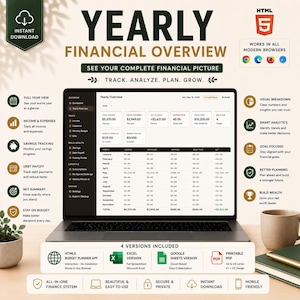 May include: A digital yearly financial overview dashboard displayed on a laptop screen, featuring income, expense, and savings tracking tables. The interface includes sections for monthly budget, debt payoff, and net summary, with icons for various financial tools.