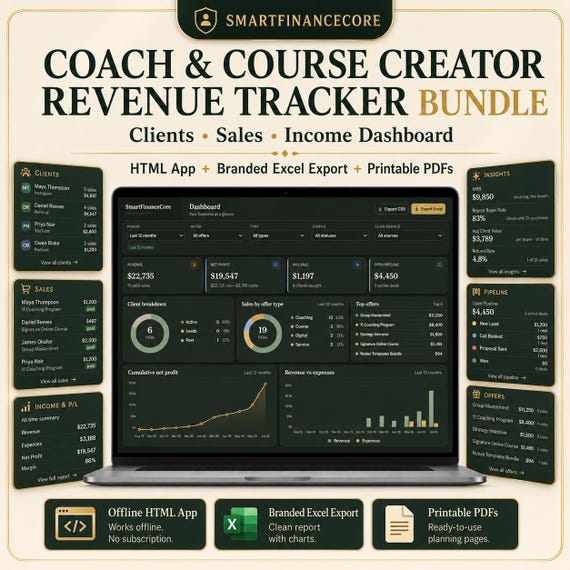 Coach & Course Creator Revenue Tracker Bundle — Clients, Sales, Income Dashboard | HTML App, Branded Excel Export, Printable PDFs