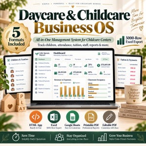 Könnte beinhalten: Ein digitales Daycare & Childcare Business OS Managementsystem auf einem Laptop-Bildschirm, das ein Dashboard mit Diagrammen zu Einnahmen, Ausgaben und Belegung sowie Symbole für Excel, Google Sheets und PDF-Formate zeigt.