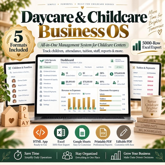 Daycare & Childcare Business OS | Forms Bundle + Attendance, Tuition, Enrollment, Staff,Ratio Tracker | Fillable + Printable PDFs + Excel