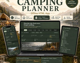 Camping Trip Planner App – Digital Packing List, Meal Planner, Budget & Firewood Calculator | Printable PDF Instant Download