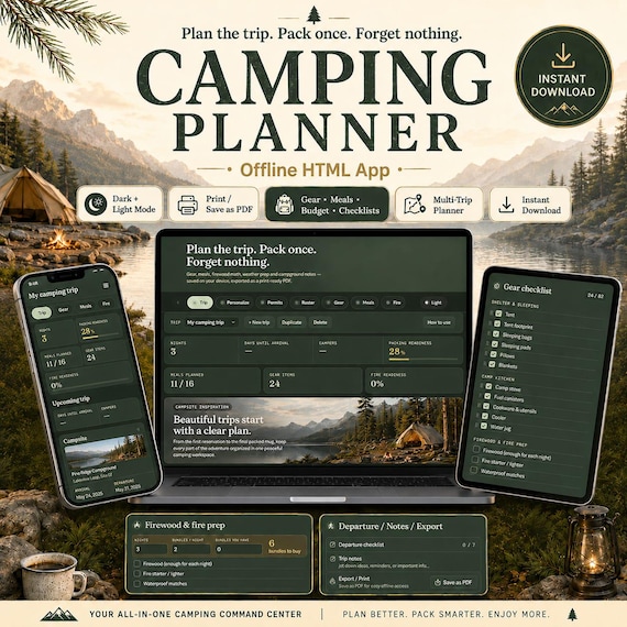 Camping Trip Planner App – Digital Packing List, Meal Planner, Budget & Firewood Calculator | Printable PDF Instant Download