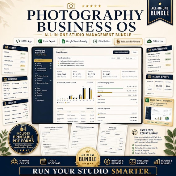 Photography Business Management App Bundle | CRM, Booking, Invoicing & Printable Forms, Excel export | Digital Download