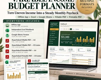 Variable Income Budget Planner | Irregular Income & Safe Paycheck Tracker | Excel, Google Sheets, Printable + Fillable PDF, Offline App