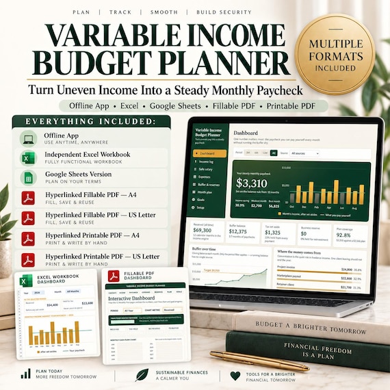 Variable Income Budget Planner | Irregular Income & Safe Paycheck Tracker | Excel, Google Sheets, Printable + Fillable PDF, Offline App