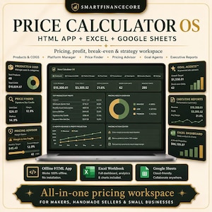 May include: A digital dashboard titled Price Calculator OS displayed on a laptop screen, surrounded by informational panels detailing features like Products & COGS, Price Finder, Pricing Advisor, Goal Agents, and Executive Reports with charts and data.