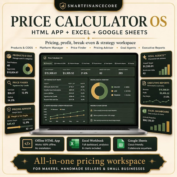 Product Pricing and Profit Calculator | Cost, Margin, Wholesale & Break-Even Tool for Sellers | HTML App with Branded Excel Export
