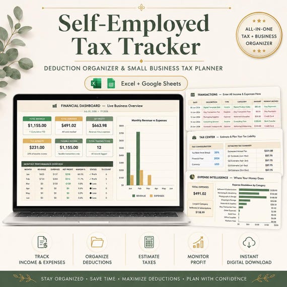 Self-Employed Tax Tracker & Deduction Organizer | Small Business Tax Planner Spreadsheet
