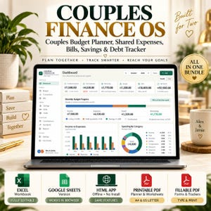 May include: A laptop screen displaying a Couples Finance OS dashboard with financial data, charts, and budget progress. Below, icons represent Excel, Google Sheets, HTML app, printable PDF, and fillable PDF formats for this financial planning bundle.