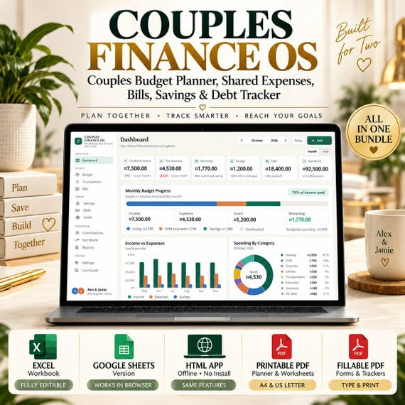 Couples Finance OS Bundle-Couples Budget Planner, Expenses, Bills, Savings, Debts| HTML App, Excel, Google Sheets, Printable & Fillable PDF