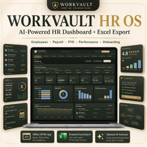 Op de afbeelding: Een laptopscherm toont het WorkVault HR OS dashboard in dark mode, met analyses voor werknemers, loonadministratie, verlof en prestaties. Omliggende panelen tonen HR-statistieken, een AI-assistent en organigrammen in een zwart en goud kleurenschema.