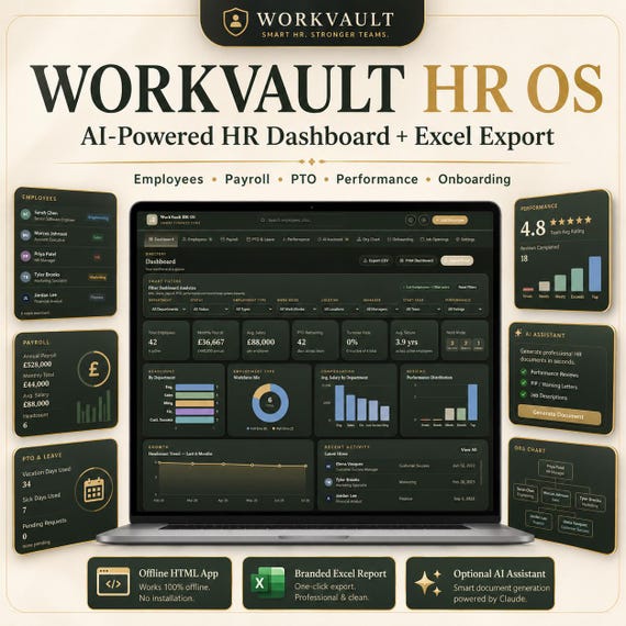 WorkVault HR OS | Offline Dashboard, Employee Tracker, Payroll, PTO, Performance Review, Printable Forms + Excel Export