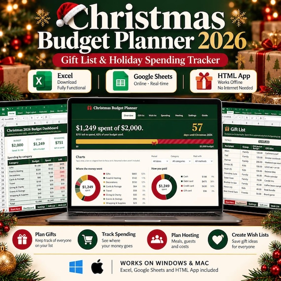 Christmas Budget Planner 2026, Gift List & Holiday Spending Tracker, Google Sheets, Excel, HTML App, Digital Download
