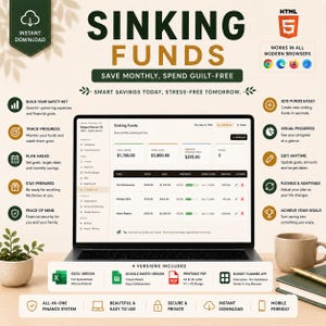 May include: A digital budget planner interface displayed on a laptop screen, titled Sinking Funds. The dashboard shows financial data including total saved, total goal, and monthly contributions, with icons for tracking progress and planning.