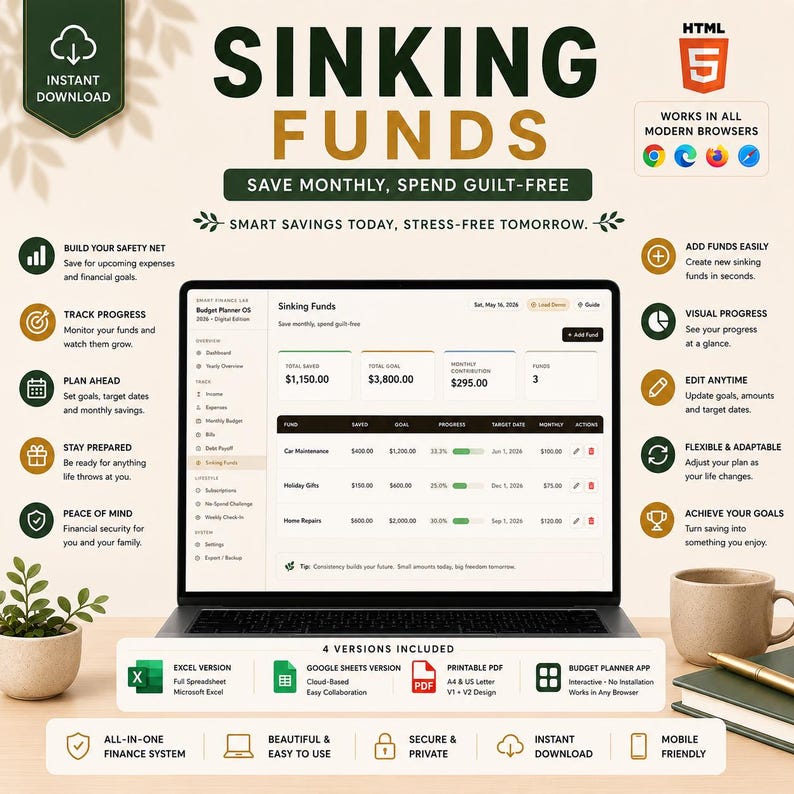 May include: A digital budget planner interface displayed on a laptop screen, titled Sinking Funds. The dashboard shows financial data including total saved, total goal, and monthly contributions, with icons for tracking progress and planning.