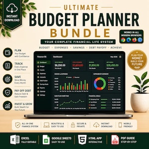 May include: A laptop displaying a Finance OS dashboard with financial charts, income, expenses, and savings data. The screen shows text including Ultimate Budget Planner Bundle, Plan, Track, Save, Pay Off Debt, and Invest & Grow, with icons for Excel, Google Sheets, HTML, and PDF.