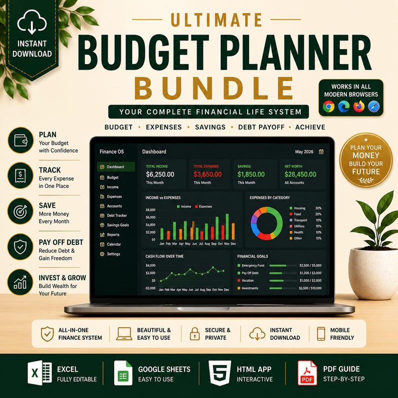 May include: A laptop displaying a Finance OS dashboard with financial charts, income, expenses, and savings data. The screen shows text including Ultimate Budget Planner Bundle, Plan, Track, Save, Pay Off Debt, and Invest & Grow, with icons for Excel, Google Sheets, HTML, and PDF.