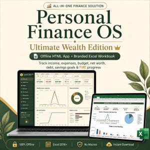 Personal Finance OS Ultimate Wealth Edition | Offline HTML-app + Excel-arbetsbok | Budget, nettoförmögenhet, skulder och FIRE-spårare