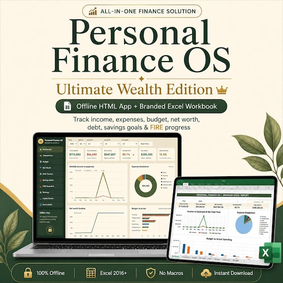 Personal Finance OS Ultimate Wealth Edition | Offline HTML App + Excel Workbook | Budget, Net Worth, Debt & FIRE Tracker