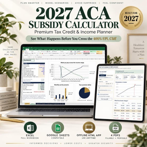 2027 ACA Subsidy Calculator | Premium Tax Credit & 400% Cliff Planner | Excel, Google Sheets, Offline App + 4 PDF Guides