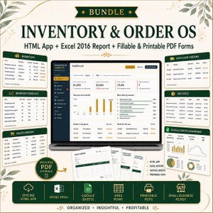 May include: An Inventory & Order OS digital bundle featuring an HTML app, Excel 2016 report, and fillable PDF forms. The display shows a dashboard with data tables, bar charts, and sales order lists, alongside icons for offline app, Google Sheets, and printable PDFs.
