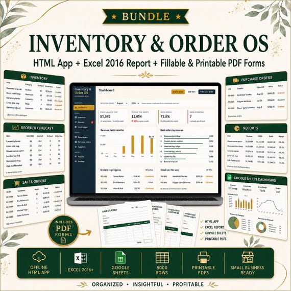 Inventory & Order Management OS Bundle | Stock, Sales, Purchase Order Tracker, Reorder Planner | Export Excel, GS, Printable - Fillable PDFs