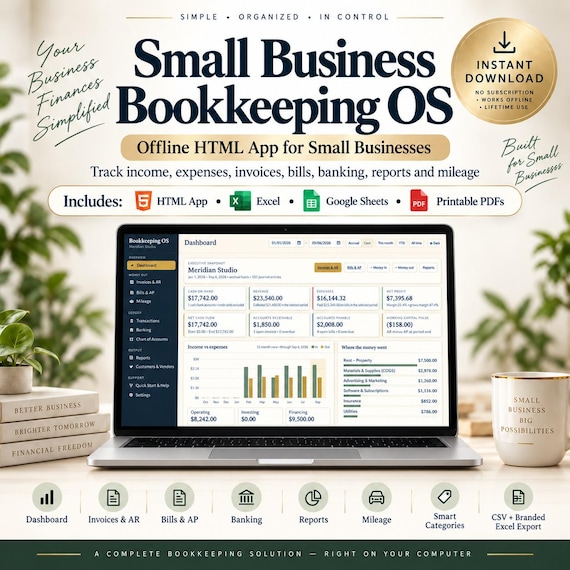 Small Business Bookkeeping OS | Offline Double Entry Accounting App | Invoices, Bills, P&L, Balance Sheet, Excel, Self Employed